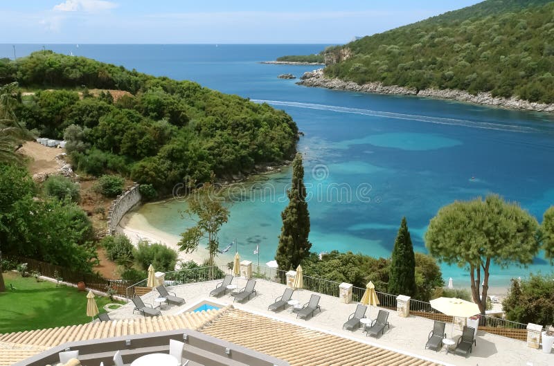 Blue bay with the beach in Greece.