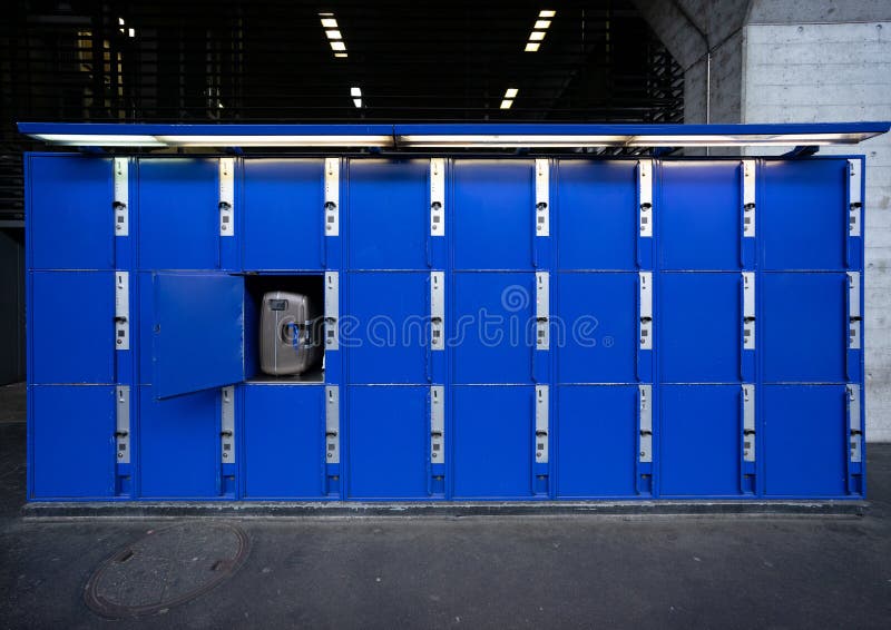 Blue Big Locker at the Train Station for Bag or Suitcase. Stock Image