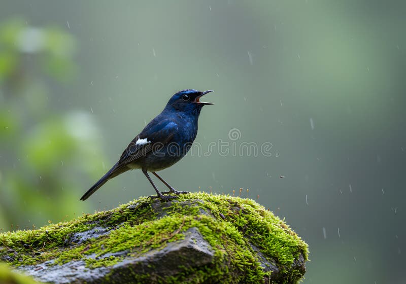 Blue bird calling on mossy rock royalty free illustration