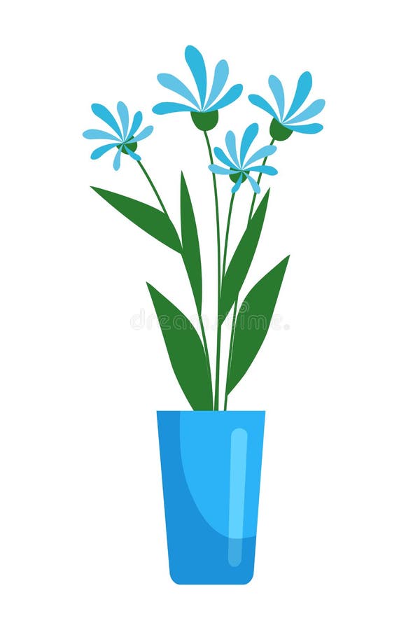 Blue blooming flower in pot isolated on white stock illustration