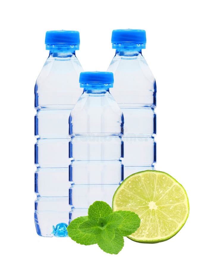 Blue Bottles With Water, Mint Herb And Fresh Green Lime Isolated Stock