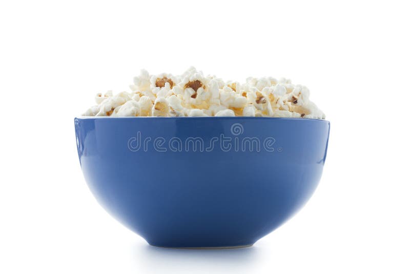 Blue bowl of popcorn stock image