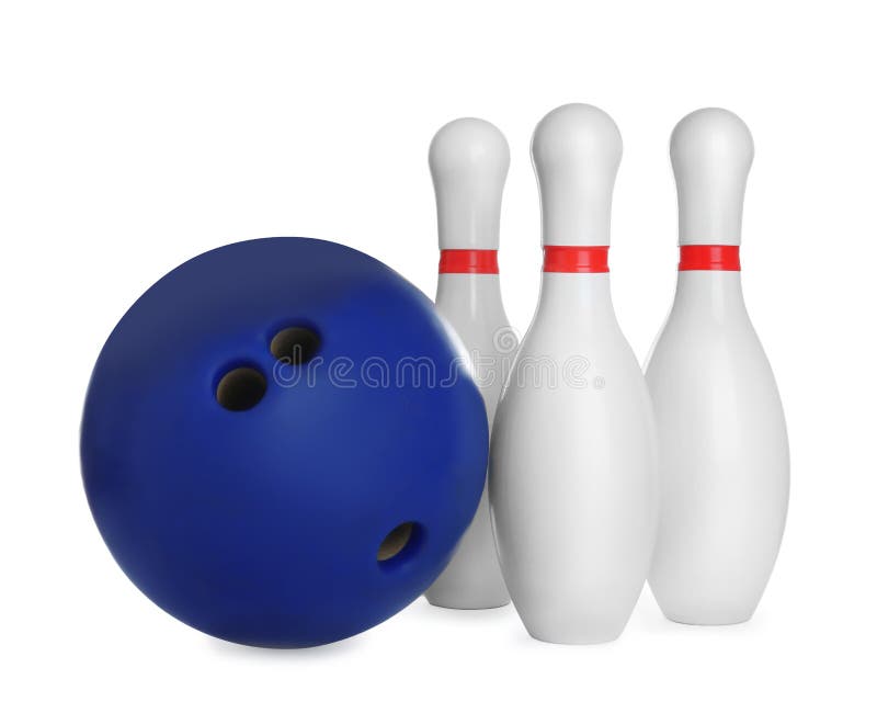 Blue bowling ball and pins isolated. 