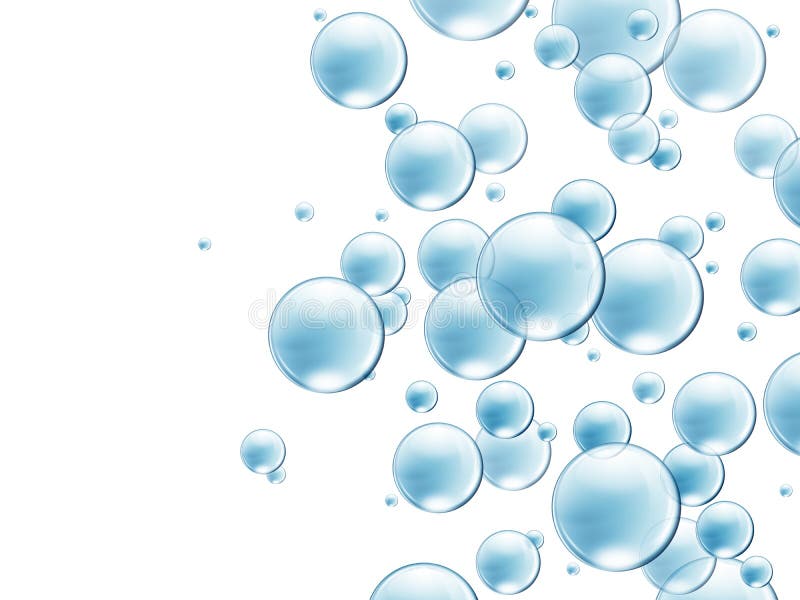 Illustration of blue transparent bubbles with white background. Oxygen molecule blue illustrations