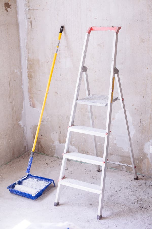 Blue Bucket With Paint, Brush Roller Paint Tray And Ladder Stock Image