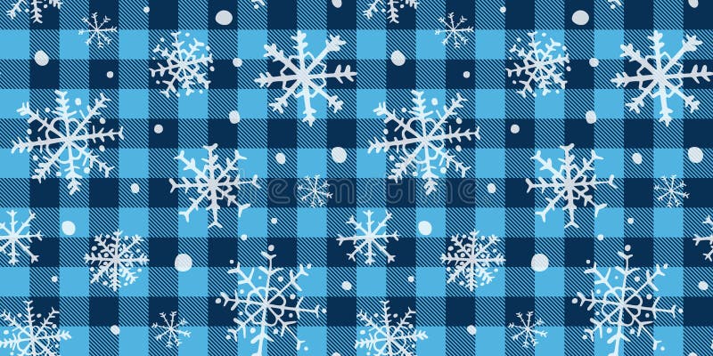 Blue buffalo check with doodle snowflakes seamless vector pattern, Cute winter background for packaging design. Blue buffalo vectors