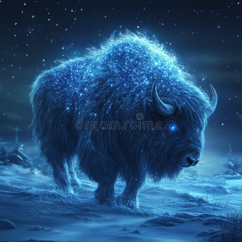 A blue buffalo with a glowing blue mane and a blue eye. The buffalo is standing in the snow. Generative AI. Blue buffalo illustrations