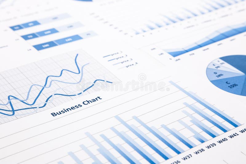 Blue business charts, graphs, statistic and reports