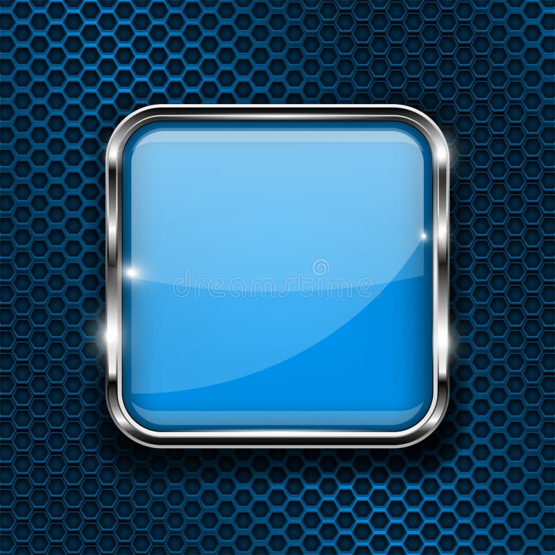 Blue button on perforated background. Square glass 3d icon with metal frame royalty free illustration