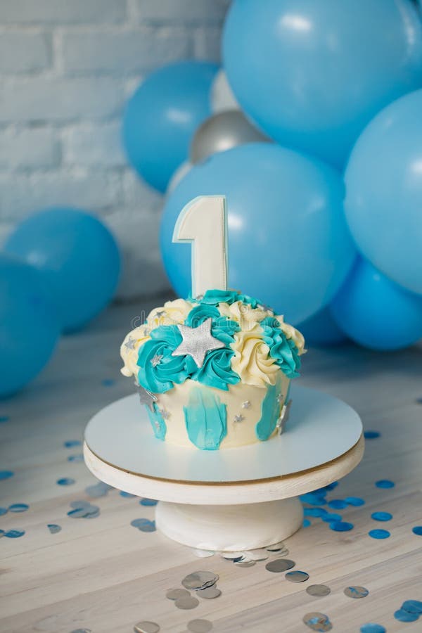 Blue cake for first birthday royalty free stock images