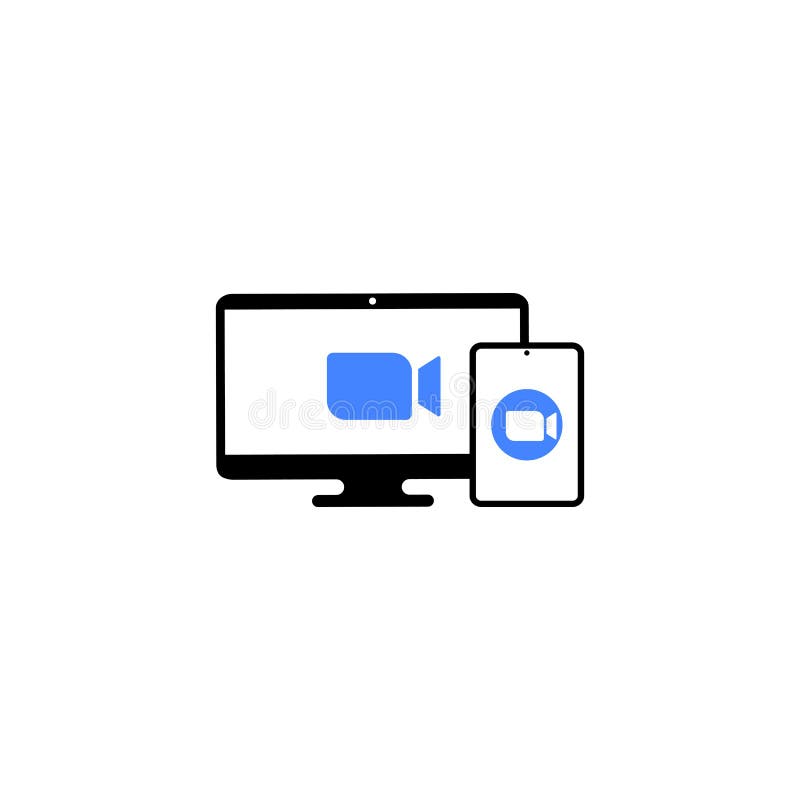 Blue Camera Icon. Conference Video Calls. Laptop, Monitor and Tablet