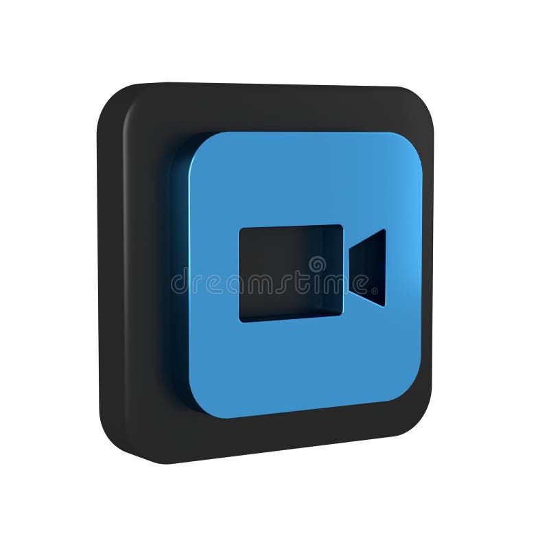 Blue Camera icon isolated on transparent background. Video camera. Movie sign. Film projector. Black square button. .