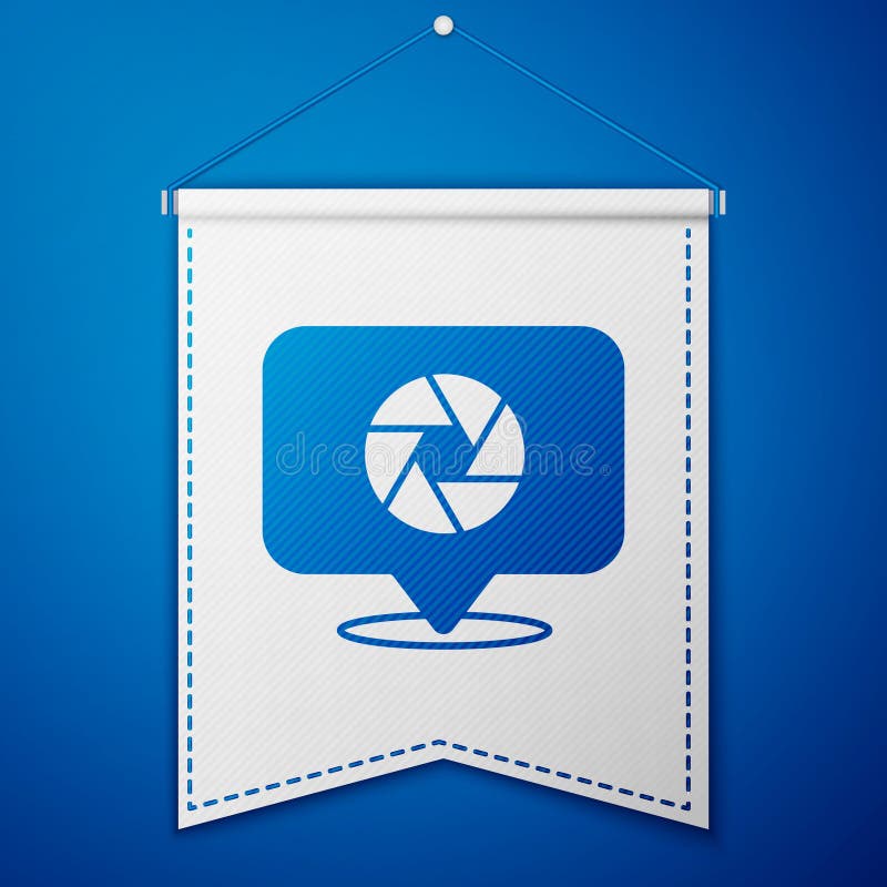 Blue Camera shutter icon isolated on blue background. White pennant template. Vector royalty free illustration
