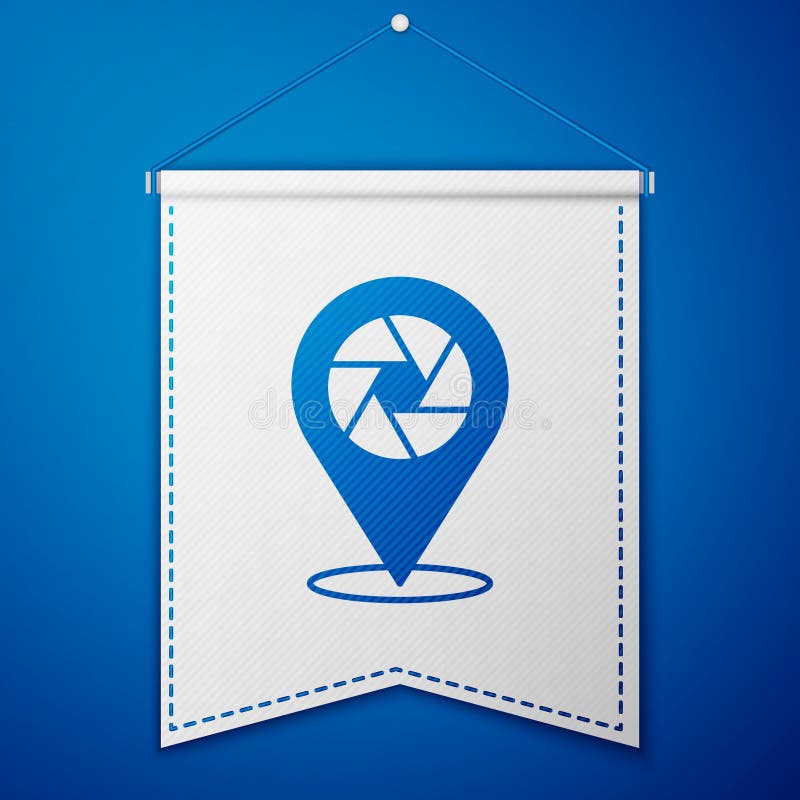 Blue Camera shutter icon isolated on blue background. White pennant template. Vector royalty free illustration