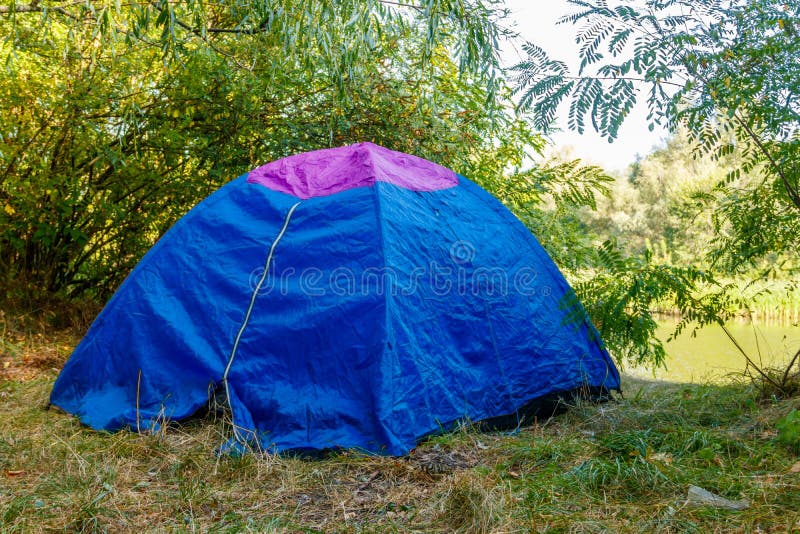 Blue Camping Tent in Forest Near River Stock Image Image of mountain
