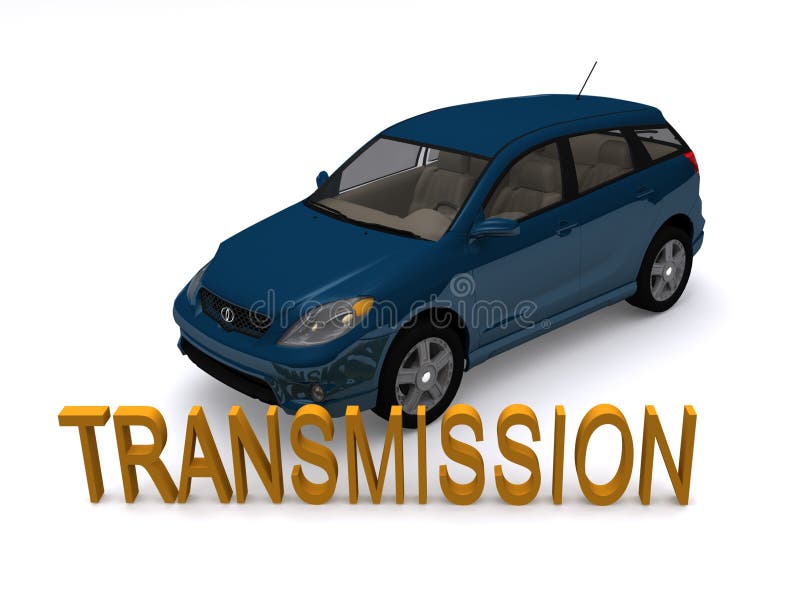 A blue car on a white background with the word transmission in the foreground. A blue car on a white background with the word transmission in the foreground.