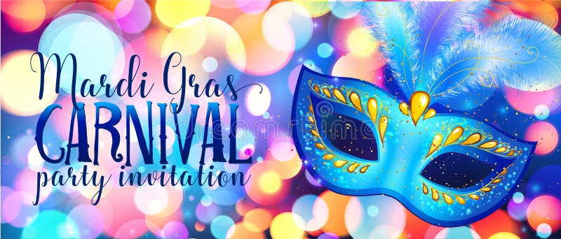 Blue carnival mask on shining bokeh lights, Mardi Gras invitation flyer template