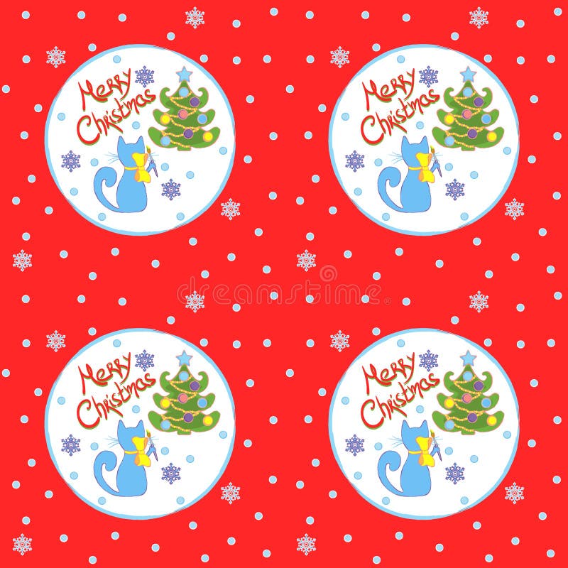 Blue cat draws a Christmas tree. Merry Christmas. Vector seamless pattern royalty free illustration