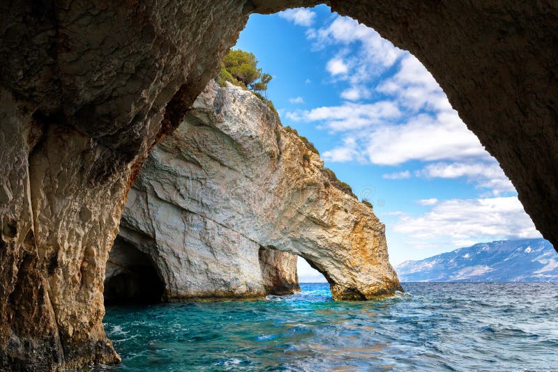 Blue Caves on Zakynthos Island, Greece. Famous Blue Caves View on