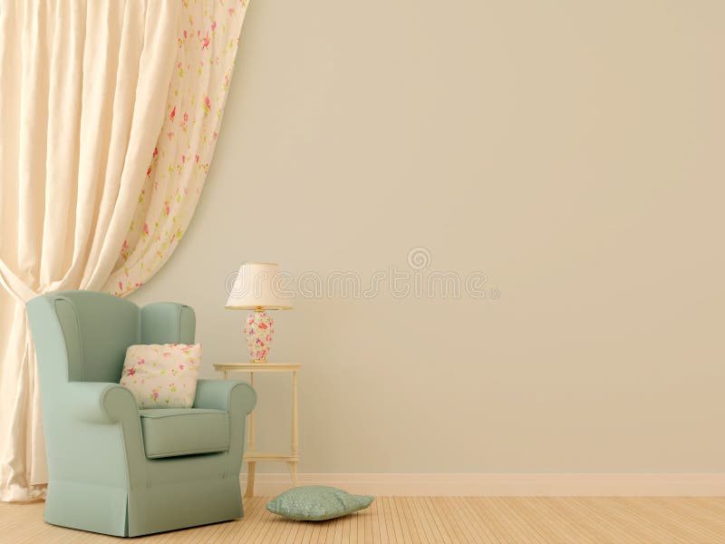 Blue chair by the curtains royalty free illustration