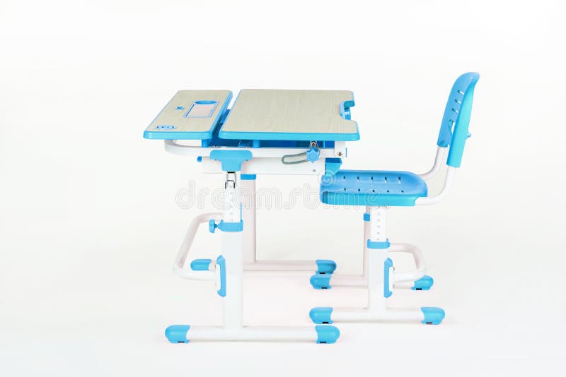 Blue Chair, School Desk, Blue Basket, Desk Lamp and Black Support Under