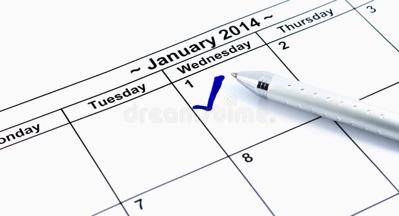 Blue check. Mark on the calendar at 1St January 2014 with pen, .