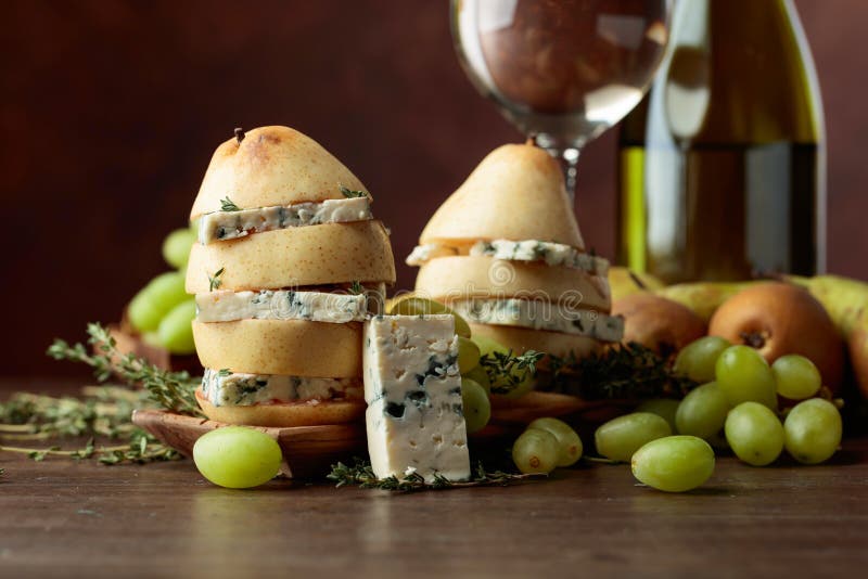Blue Cheese with Pear and White Wine Stock Photo Image of