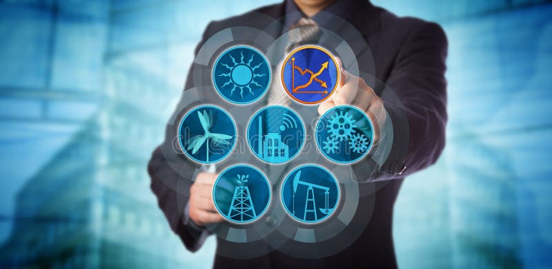 Blue chip manager monitoring energy efficiency via a virtual control interface. Industry concept for efficient energy use, sustainability reporting, audit and rise in renewable power generation. Chart clean energy stock images, royalty-free photos and pictures