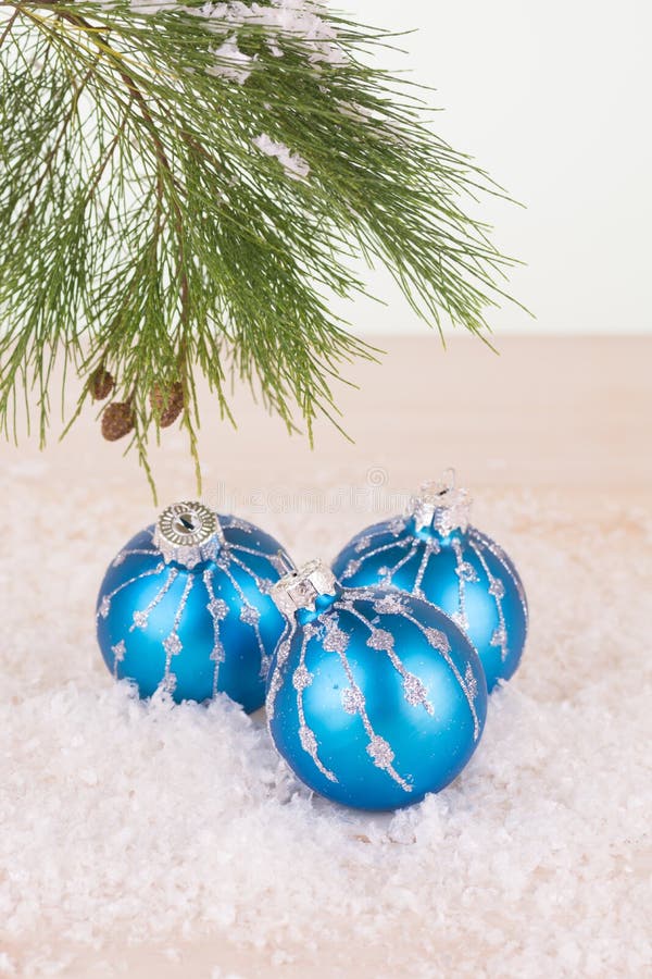Blue Christmas Baubles in Snowflakes and Pine Tree Branch Stock Photo Image of coniferous