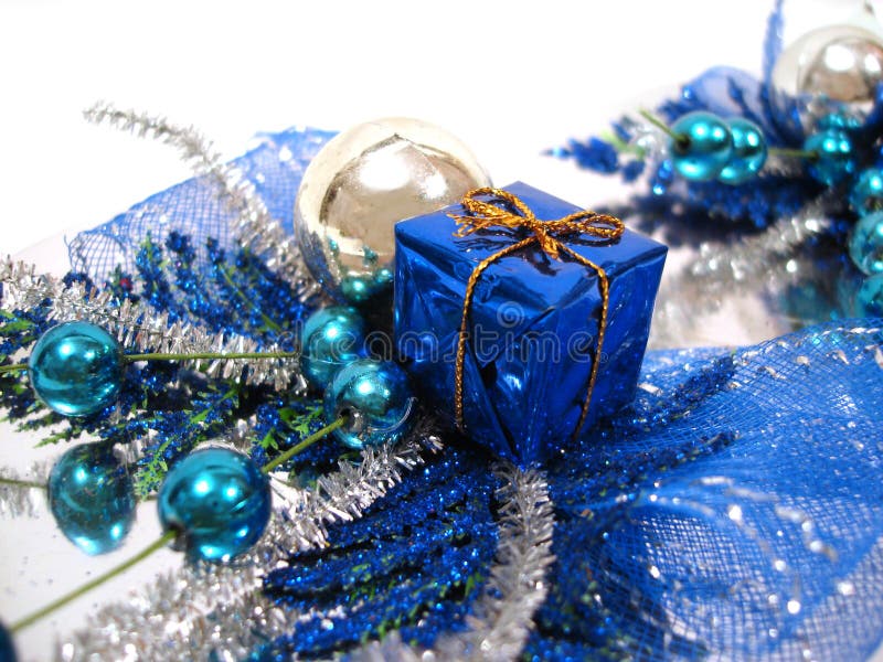 Blue Christmas decoration, box with handbell and balls