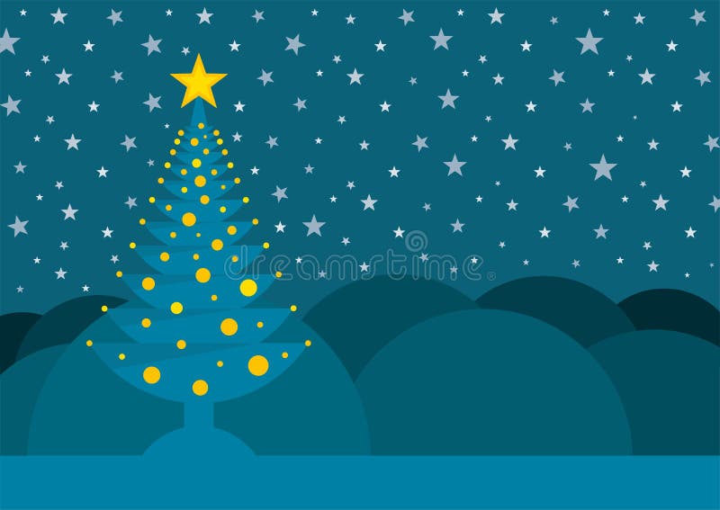 Blue Christmas Tree with a Star on the Tip Adorned with Yellow Circles on a Background with