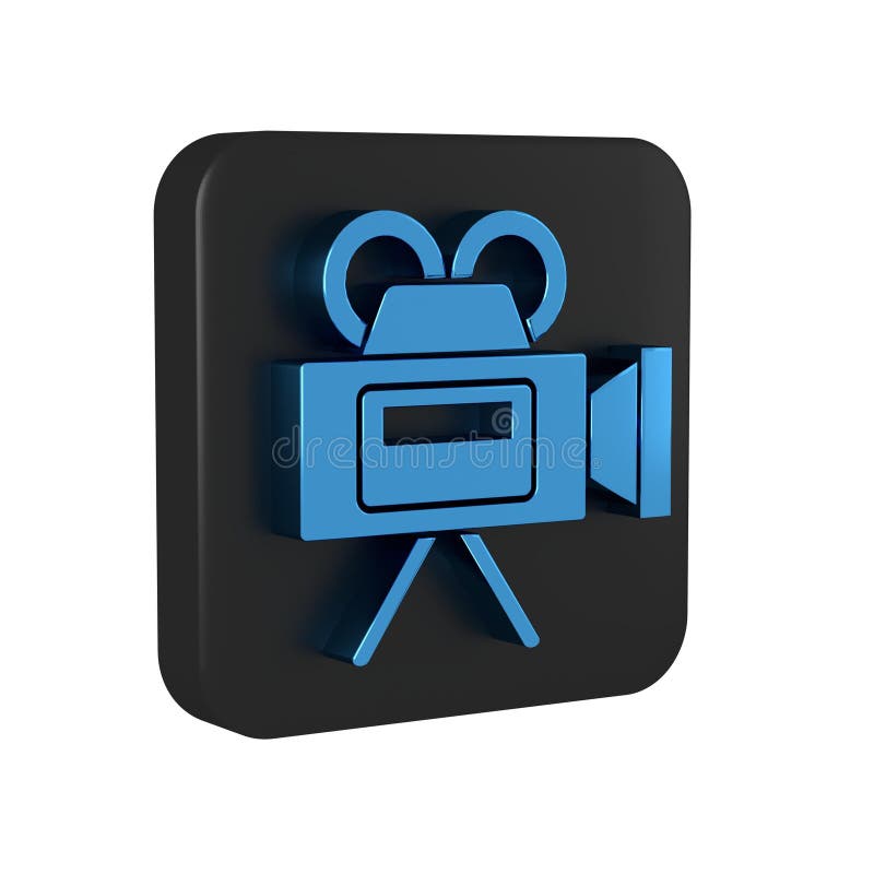 Blue Cinema camera icon isolated on transparent background. Video camera. Movie sign. Film projector. Black square button..