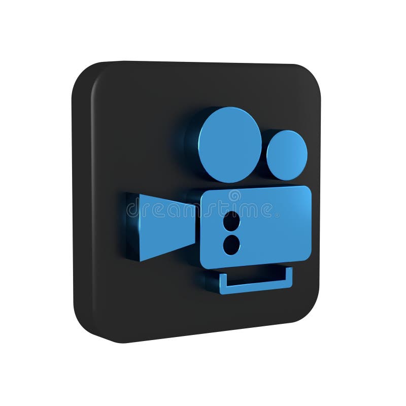 Blue Cinema camera icon isolated on transparent background. Video camera. Movie sign. Film projector. Black square button..