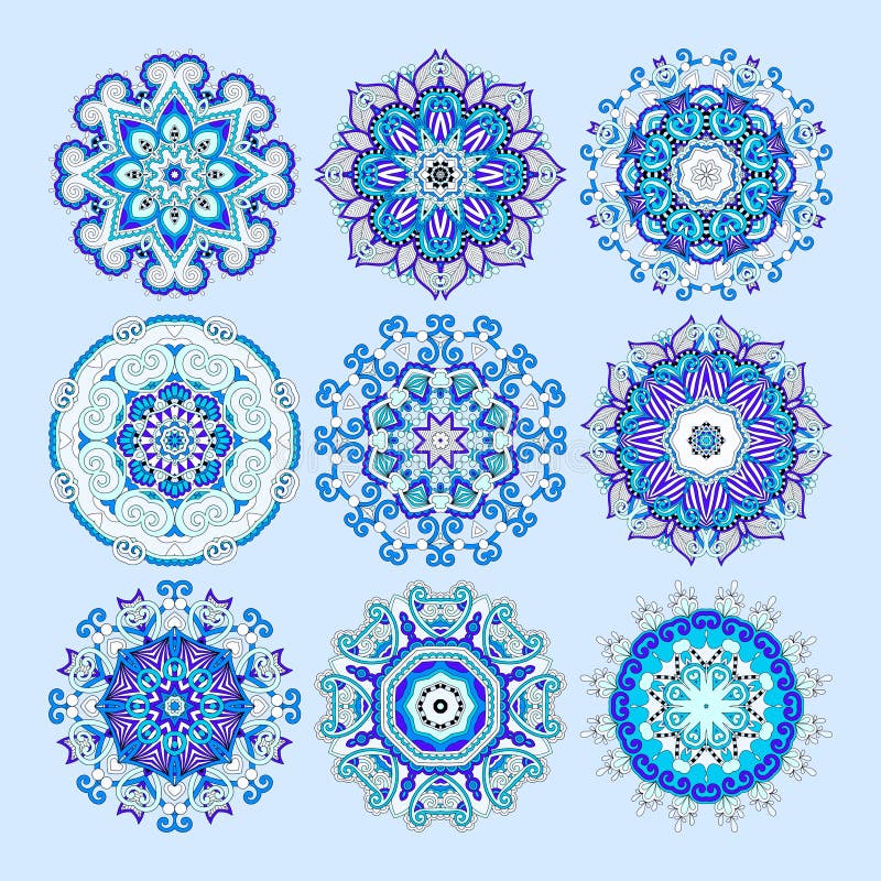 blue circle lace ornament, round ornamental geometric doily pattern collection