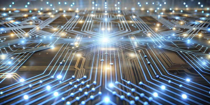 A blue circuit board with intricate patterns and glowing nodes showcasing cutting-edge technology stock illustration