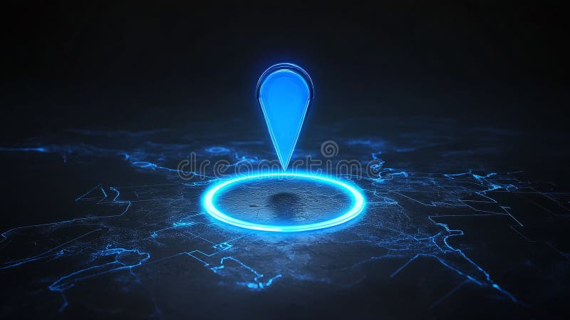 Digital blue location marker glowing on a dark background. Generative AI royalty free illustration