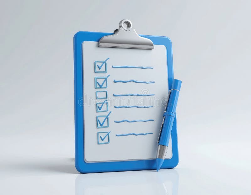 Blue Clipboard with Checklist and Pen on White Background Shows Progress stock illustration