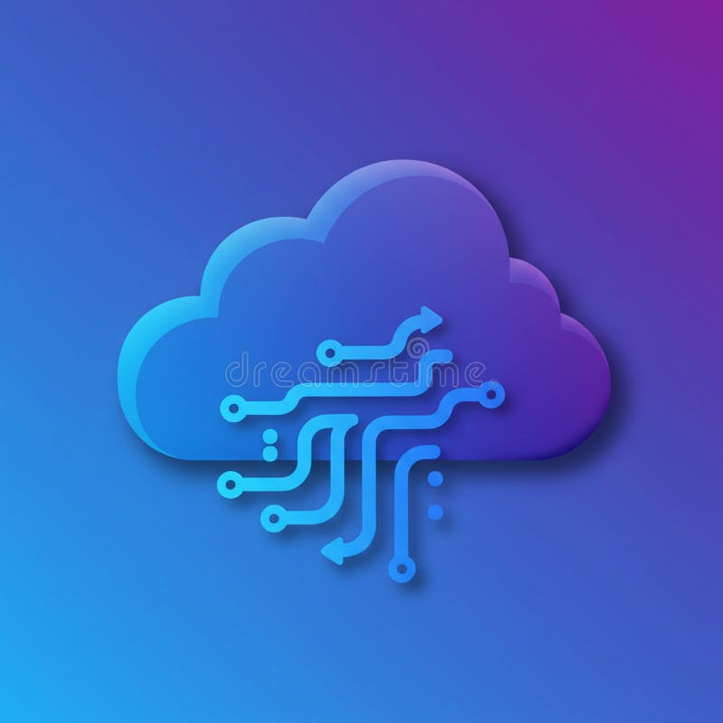 Blue cloud icon with circuit patterns over a gradient background. The cloud shape royalty free illustration