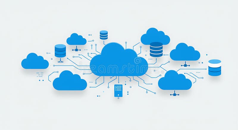 Blue cloud icons of various sizes are connected by intricate circuit lines vector illustration