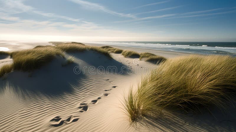 Blue Cloudy Sky And Grass In The Dunes, Along With A Tranquil Dune Landscape With Footprints On The Sandy Beach Leading To The Sea - Generative AI. Blue Cloudy Sky And Grass In The Dunes, Along With A Tranquil Dune Landscape With Footprints On The Sandy Beach Leading To The Sea - Generative AI