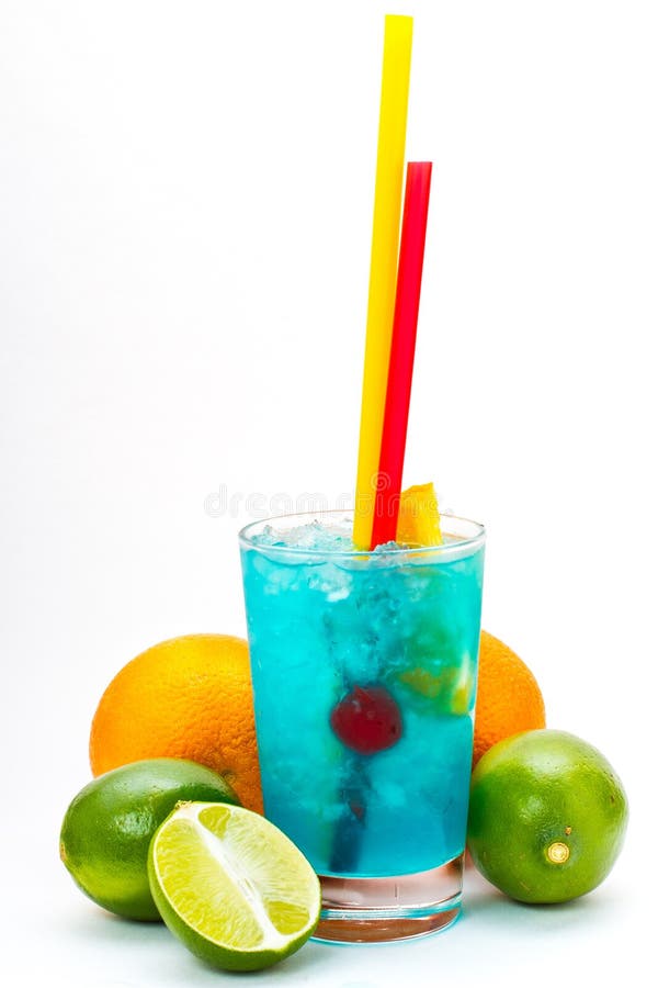 Blue Cocktail With Cherries, Mango, Orange, Lime, Grapefruit On An