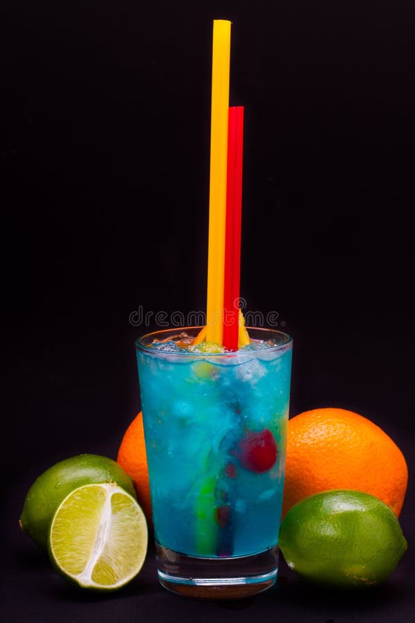 Blue Cocktail with Cherries, Mango, Orange, Lime, Grapefruit on an