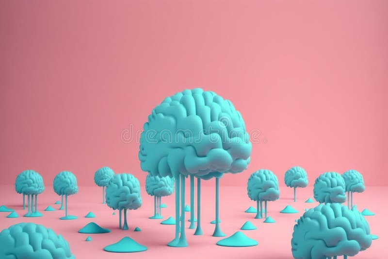 Blue color brains in a line floating on pink background, created with Generative AI technology. Blue color brains in a line floating on pink background, concept of Neural network structure and Color contrast, created with Generative AI technology