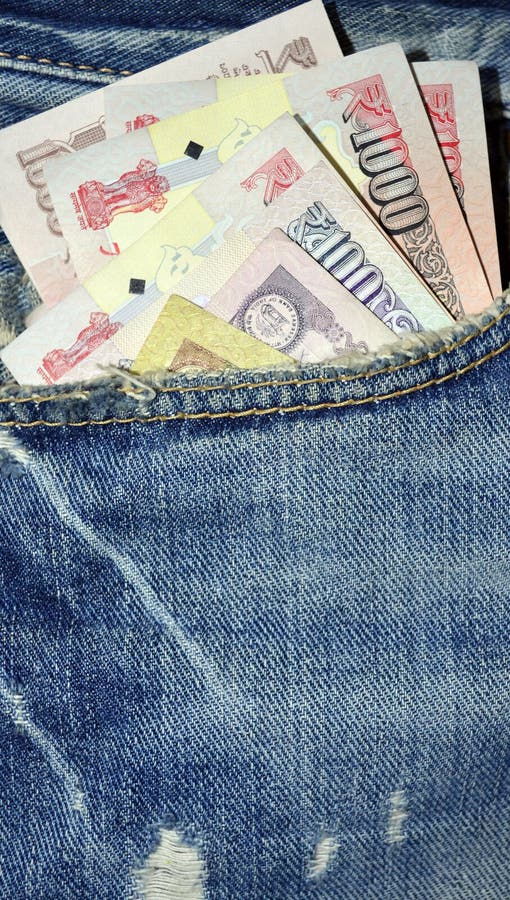 Blue Color Denim Pocket with Indian Money Stock Image Image of knit