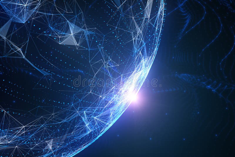 Blue colored abstract network globe with flare of light stock images