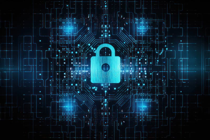 Blue-colored padlocks with password in a digital network, securing data with advanced encryption. Generative AI stock illustration