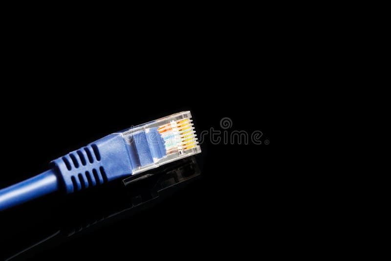 Blue Computer Cable Isolated On Black Background, Closeup