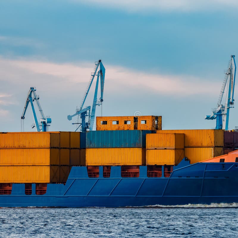 Blue Container Ship Underway Stock Photo Image of blue, import 107617186