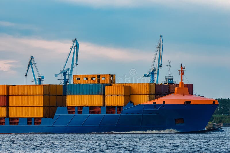 Blue Container Ship Underway Stock Image Image of moving, logistics