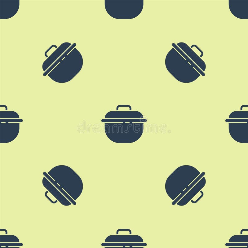 Blue Cooking pot icon isolated seamless pattern on yellow background. Boil or stew food symbol. Vector royalty free illustration